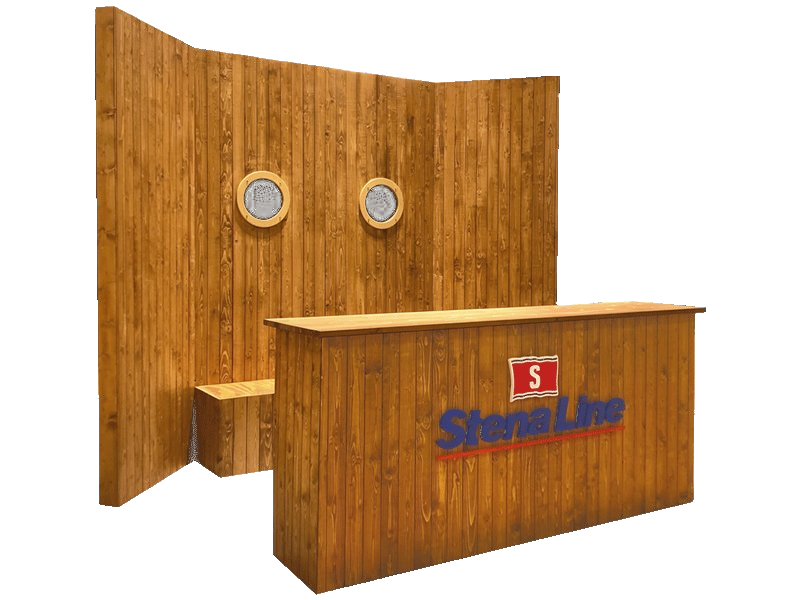 Visualisierung des Messestands für Stena Line mit Holzwand, Bullaugen und Theke
