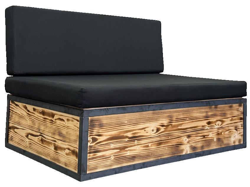 Metall Loungemöbel mit geflammtem Holz mieten – rustikaler Industrial-Look mit Shou-Sugi-Ban-Optik