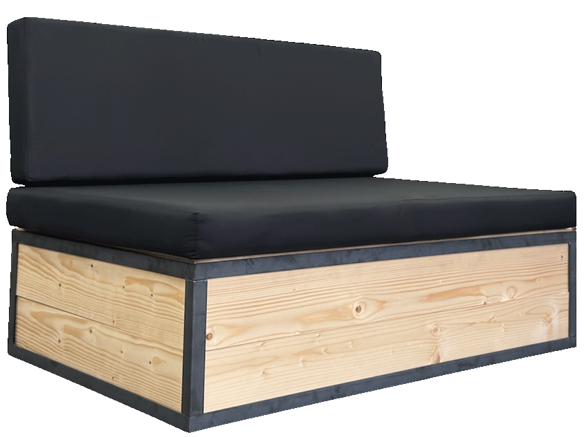 Metall Loungemöbel mit Holz mieten – Industrie-Lounge aus Stahl mit Echtholz-Verkleidung