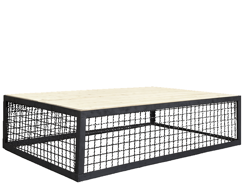 Metall Loungetisch mit Gitter und Echtholzplatte zum Mieten – Couchtisch im Industrie-Look für Events und Messen