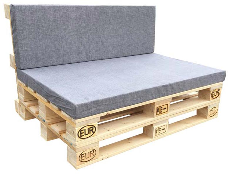 Palettensofa mit Rücken- und Sitzkissen in Grau zum Mieten – Sitzbank im Palettenstil mit Rückenlehne