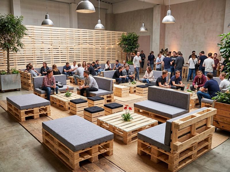 Loungemöbel aus Paletten mieten – Sitzlounge mit Polstern auf einem Event