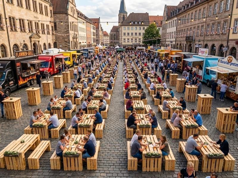 Sitzgarnituren aus Paletten mieten – Biergartengarnituren auf einem Stadtfest