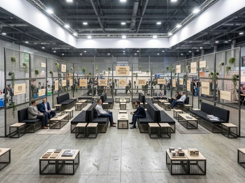 Stahlmöbel mieten – neue Industrial-Lounge mit Gitterwänden auf einer Messe
