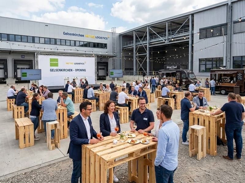 Stehtische aus Paletten mieten – Stehtischgarnituren bei einem Firmen-Event mit Foodtrucks