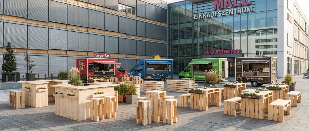 Foodtruck-Bereich vor einem Einkaufszentrum mit Palettenstehtischen und Hockern