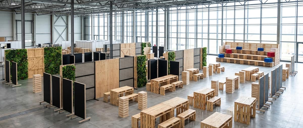 Messestand mit Palettenmöbeln, Messewänden und begrünten Trennwänden in einer Halle