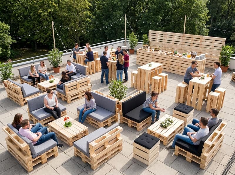 Palettenmöbel-Lounge auf einer Dachterrasse mit Sofas, Hockern und Stehtischen