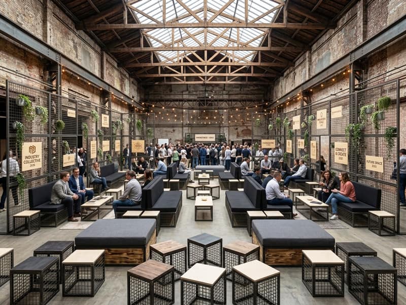 Stahlmöbel-Lounge in einer Industriehalle mit Gitterbänken, Hockern und Gitterwänden